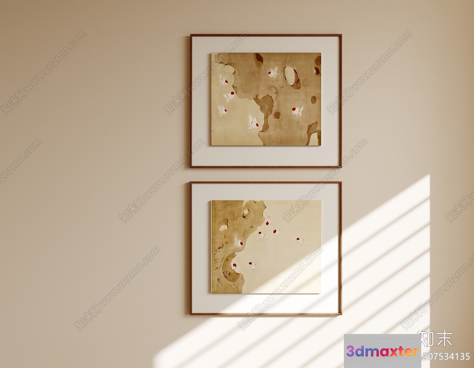A Beige Wall With Two Framed Paintings 3D Model - 9097 - VRAY Render