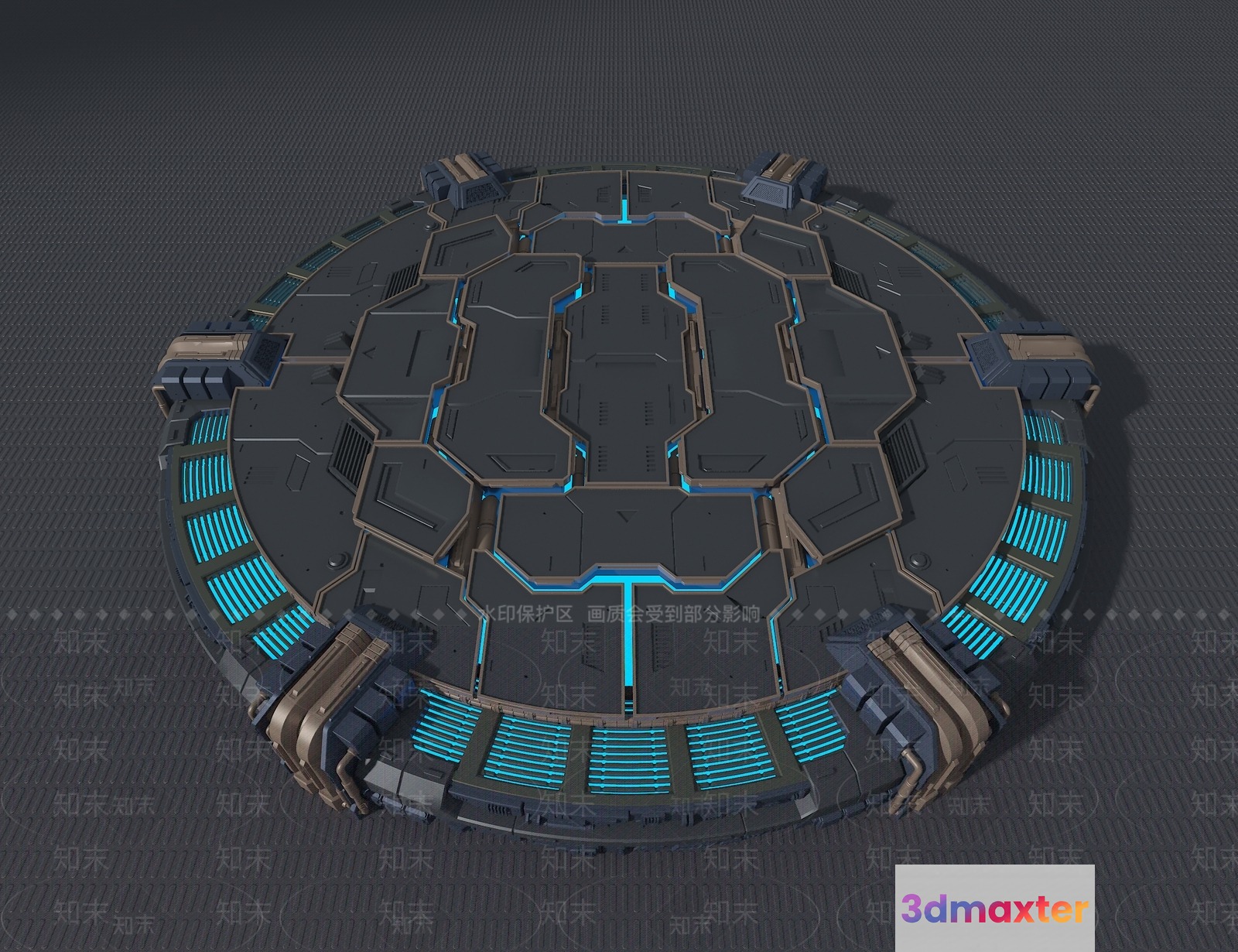 The Main Subject Is A Futuristic-Looking Round Metallic Object With Blue Lights 3D Model - 5466 - VRAY Render