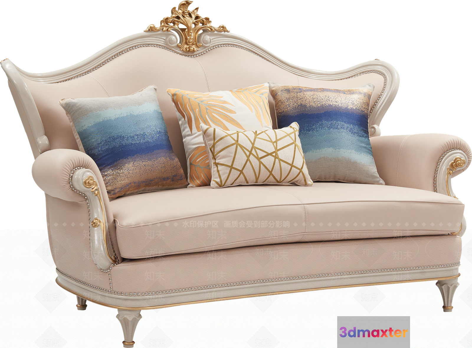 A White Couch With Gold Accents 3D Model - 2329 - VRAY Render
