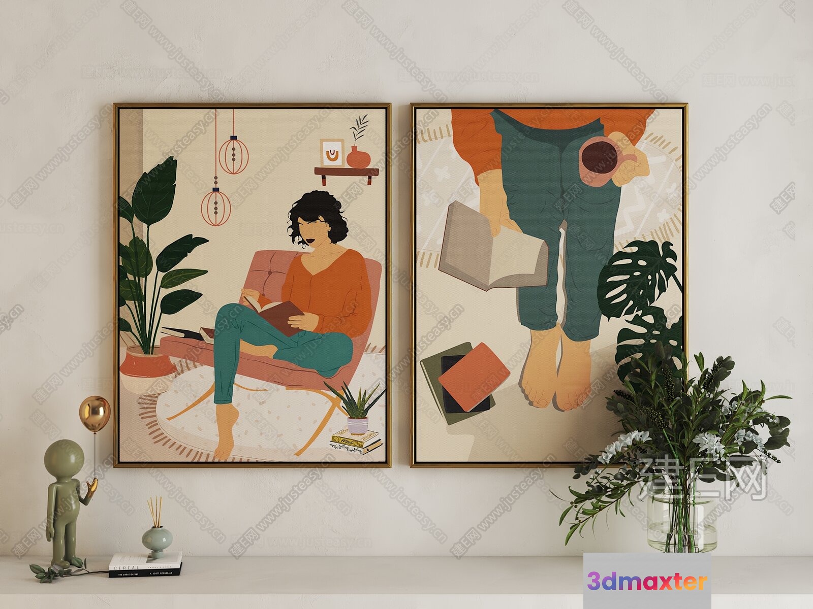 A Framed Illustration Of A Person Sitting In A Chair Reading A Book 3D Model - 12248 - VRAY Render