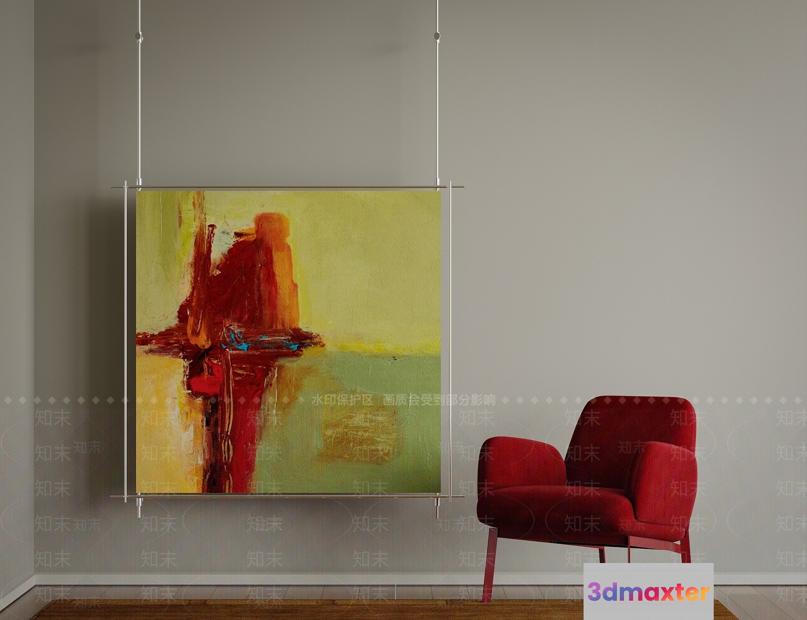 A Modern Living Room With A Red Chair 3D Model - 9250 - VRAY Render