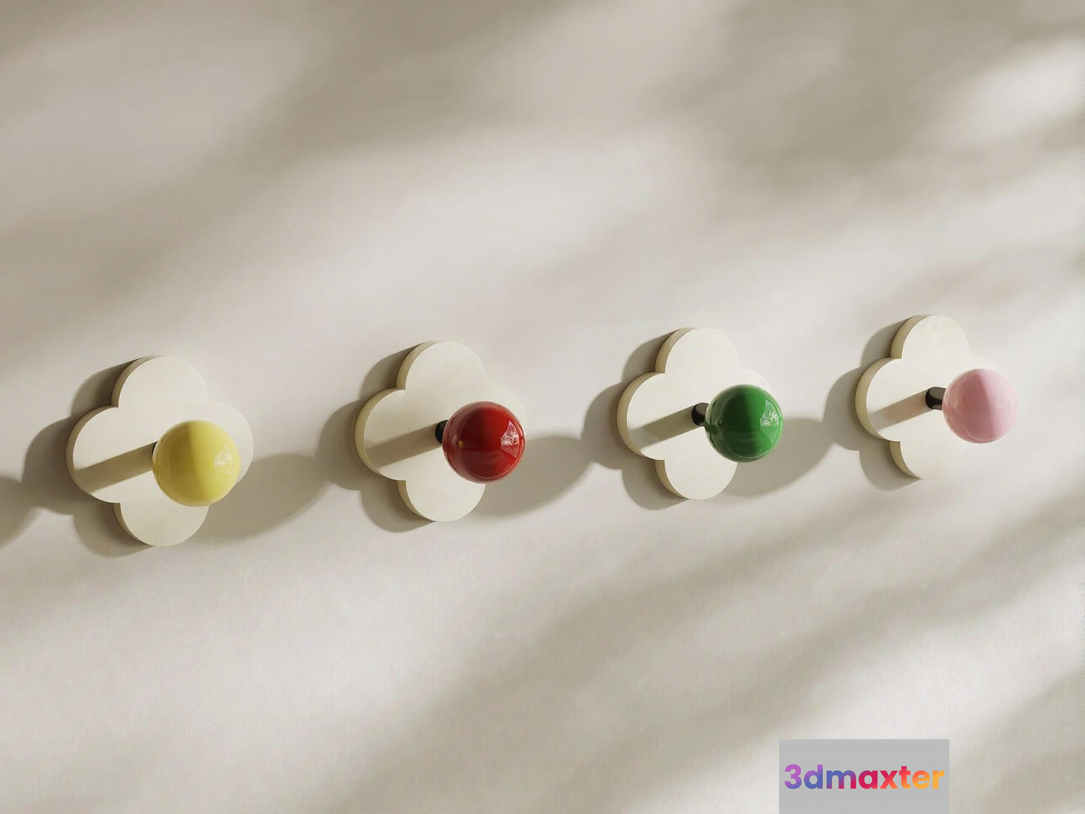 Flower-Shaped Wall Hooks With Colored Knobs 3D Model - 9527 - VRAY Render