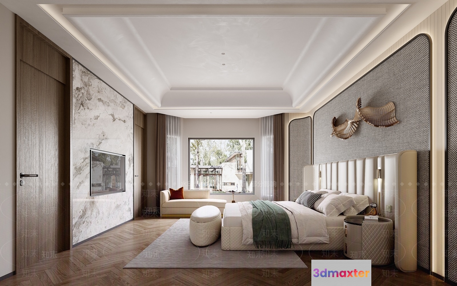 A Modern Bedroom With A Large Bed 3D Model - 10377 - VRAY Render