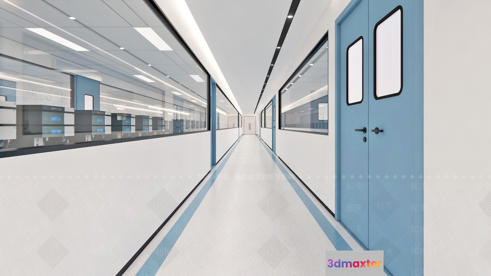 A Long White Hallway With Blue Doors 3D Model - 16817 - VRAY Render