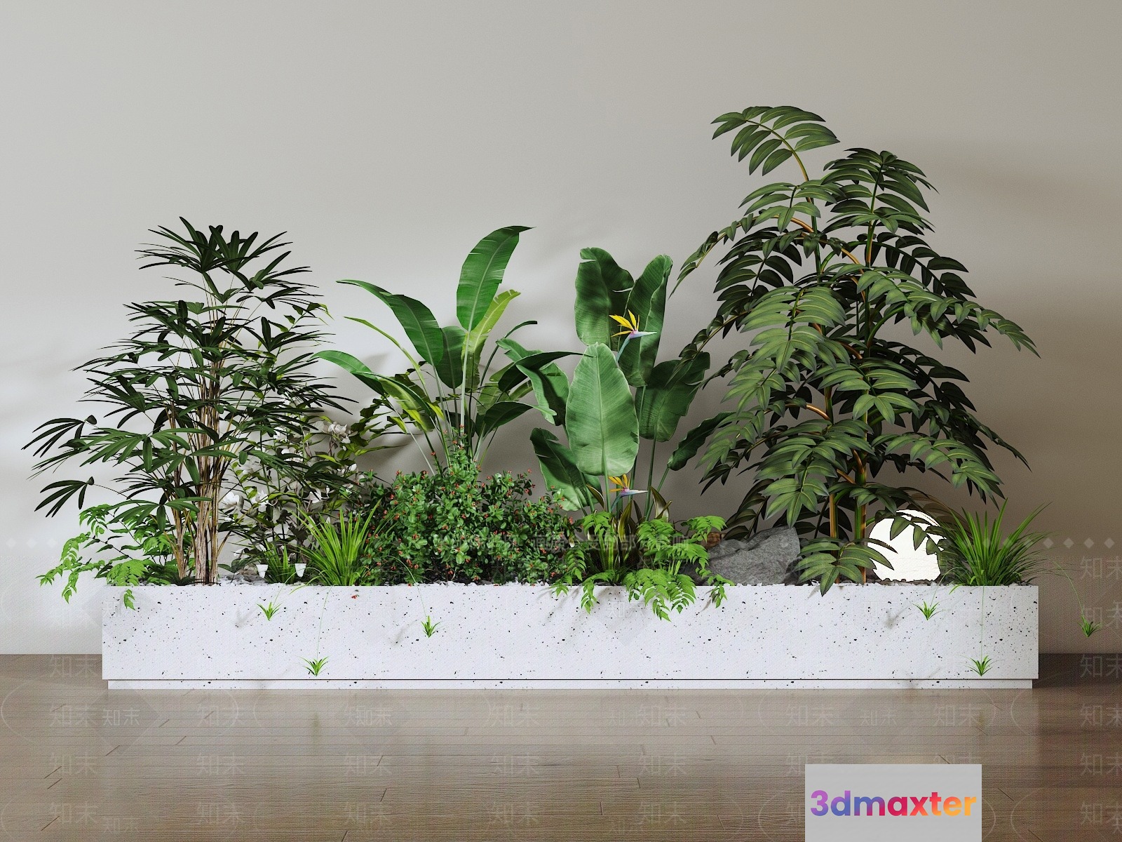 A White Planter Box With Various Plants 3D Model - 16599 - VRAY Render