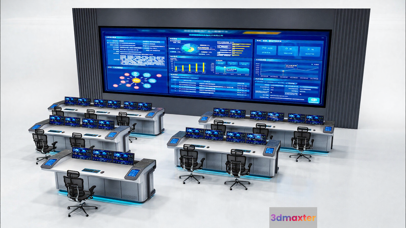 A Futuristic Control Room With Multiple Computer Workstations And A Large Screen Displaying Various 3D Model - 7259 - VRAY Render