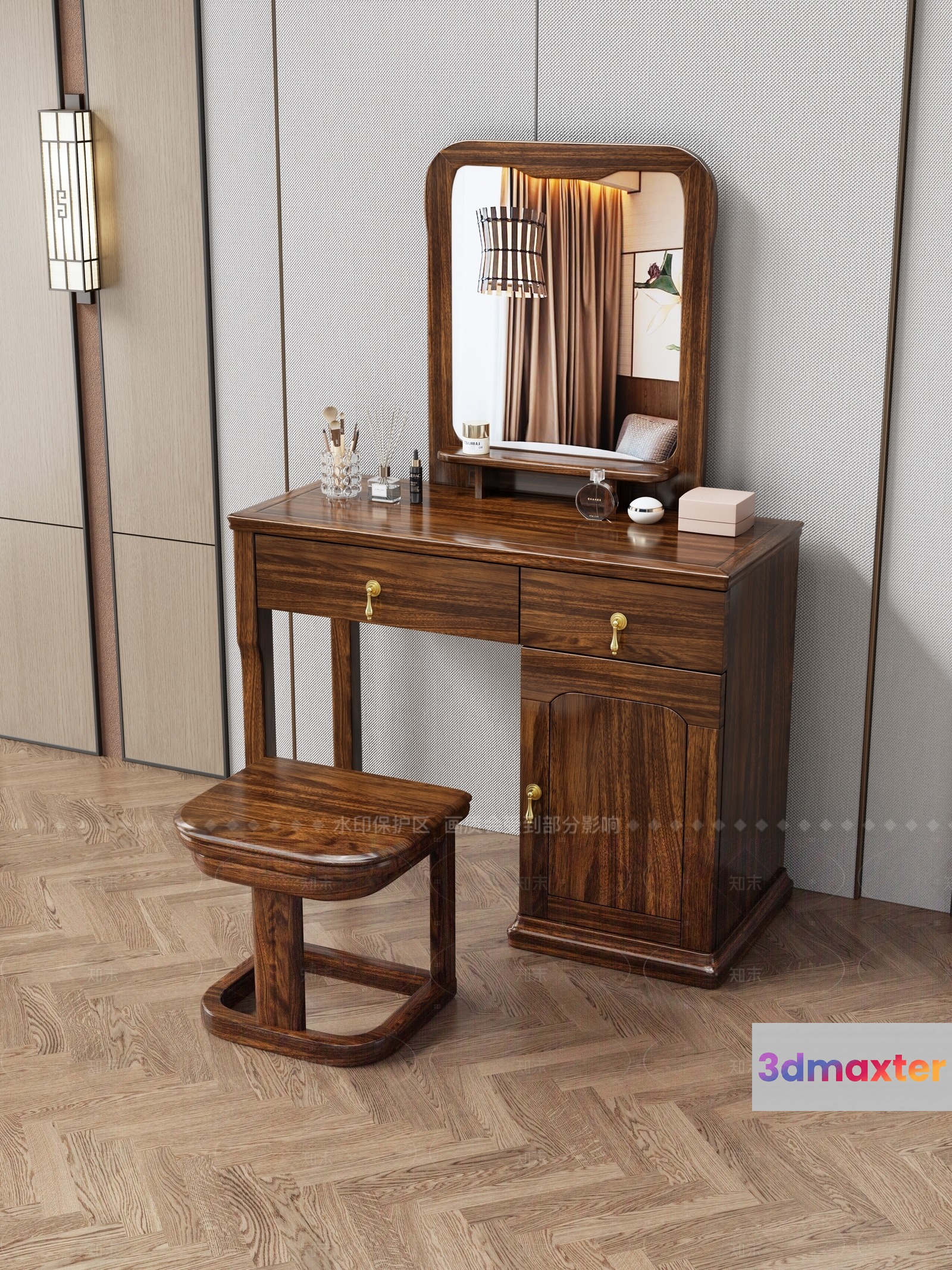 A Wooden Vanity With A Mirror 3D Model - 7235 - VRAY Render