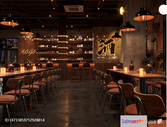 A Bar With Stools 3D Model - 18452 - VRAY Render