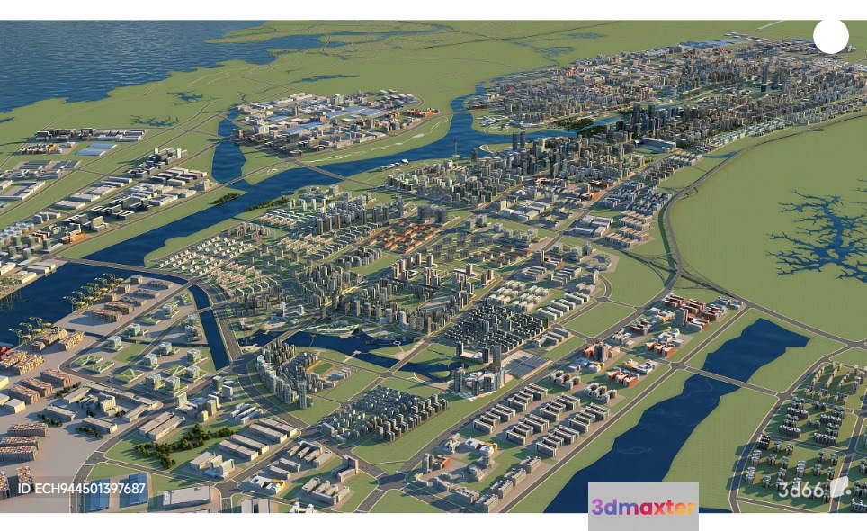 A Cityscape With Various Buildings And Roads 3D Model - 3655 - VRAY Render