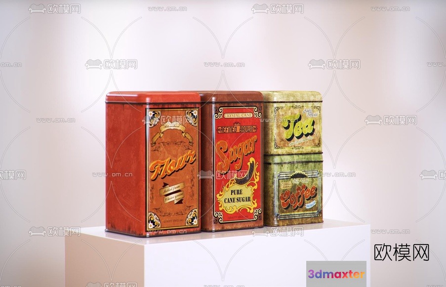 Three Vintage-Style Tins On A White Pedestal 3D Model - 11801 - VRAY Render
