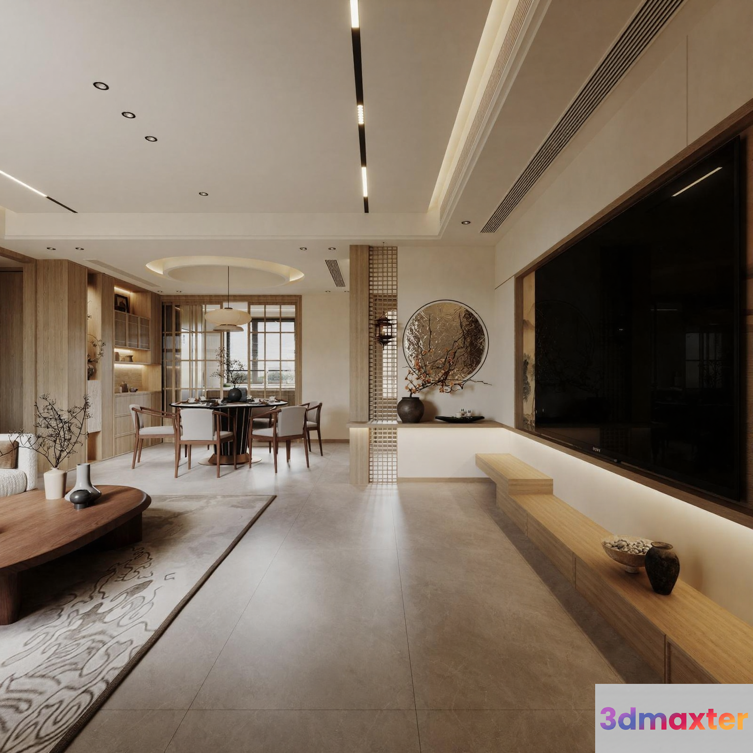 Modern Asian-Inspired Living Room 3D Model - 12352 - VRAY Render