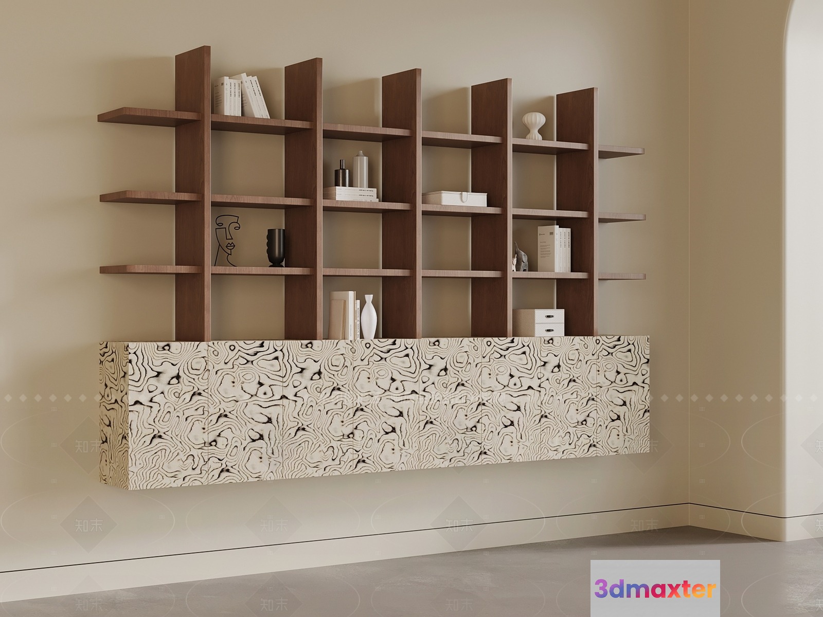 A Wooden Shelf With Decorative Items 3D Model - 10722 - VRAY Render