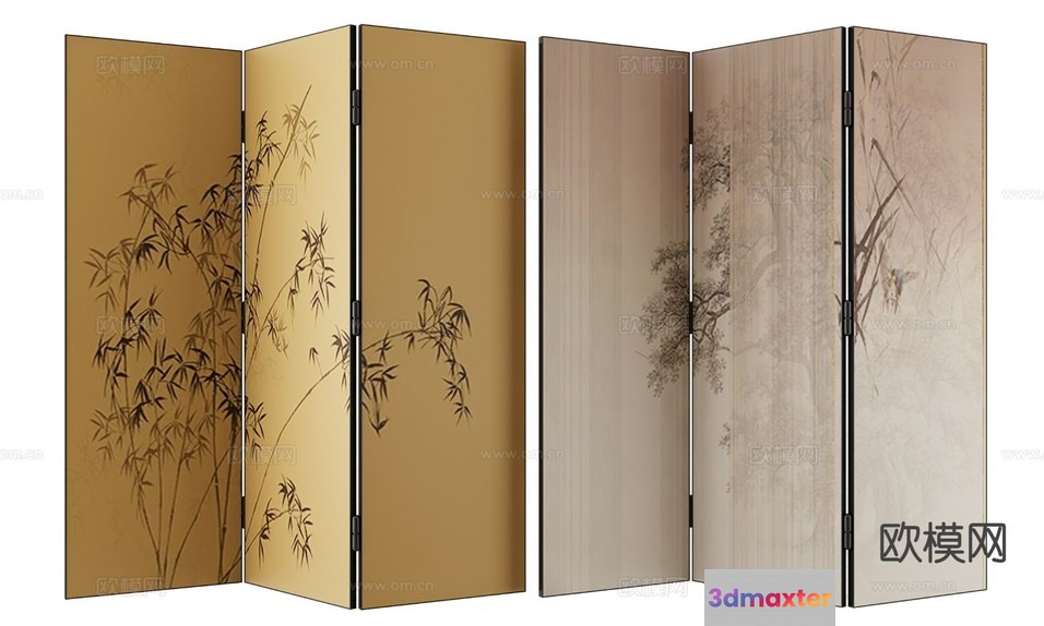 Four-Panel Folding Screen With Bamboo And Tree Designs 3D Model - 12149 - VRAY Render