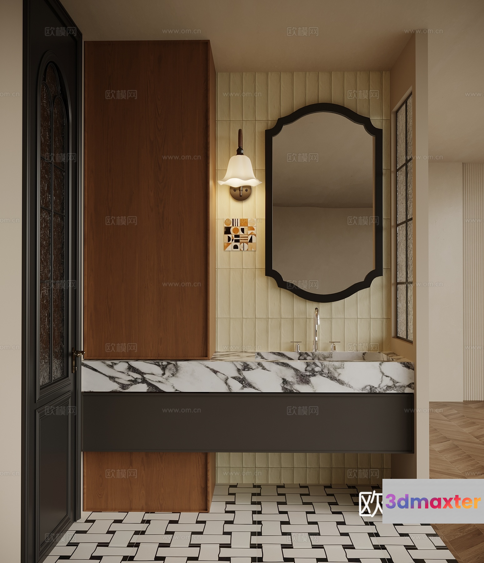 A Bathroom With A Marble Sink And A Large Mirror 3D Model - 857 - VRAY Render