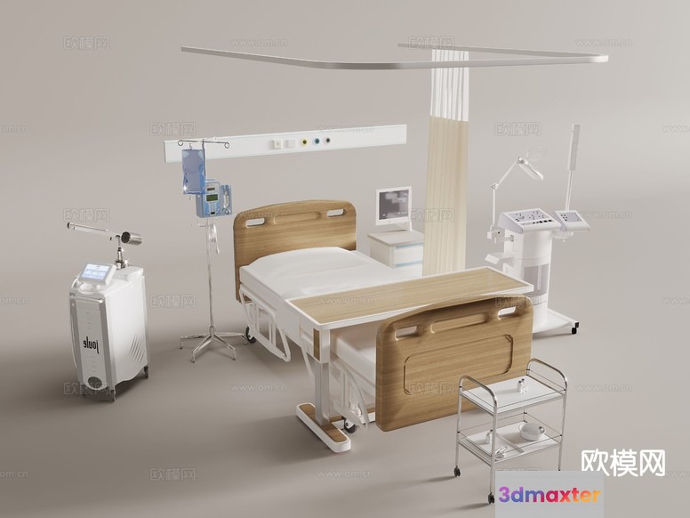 A Hospital Bed With Various Medical Equipment 3D Model - 7315 - VRAY Render