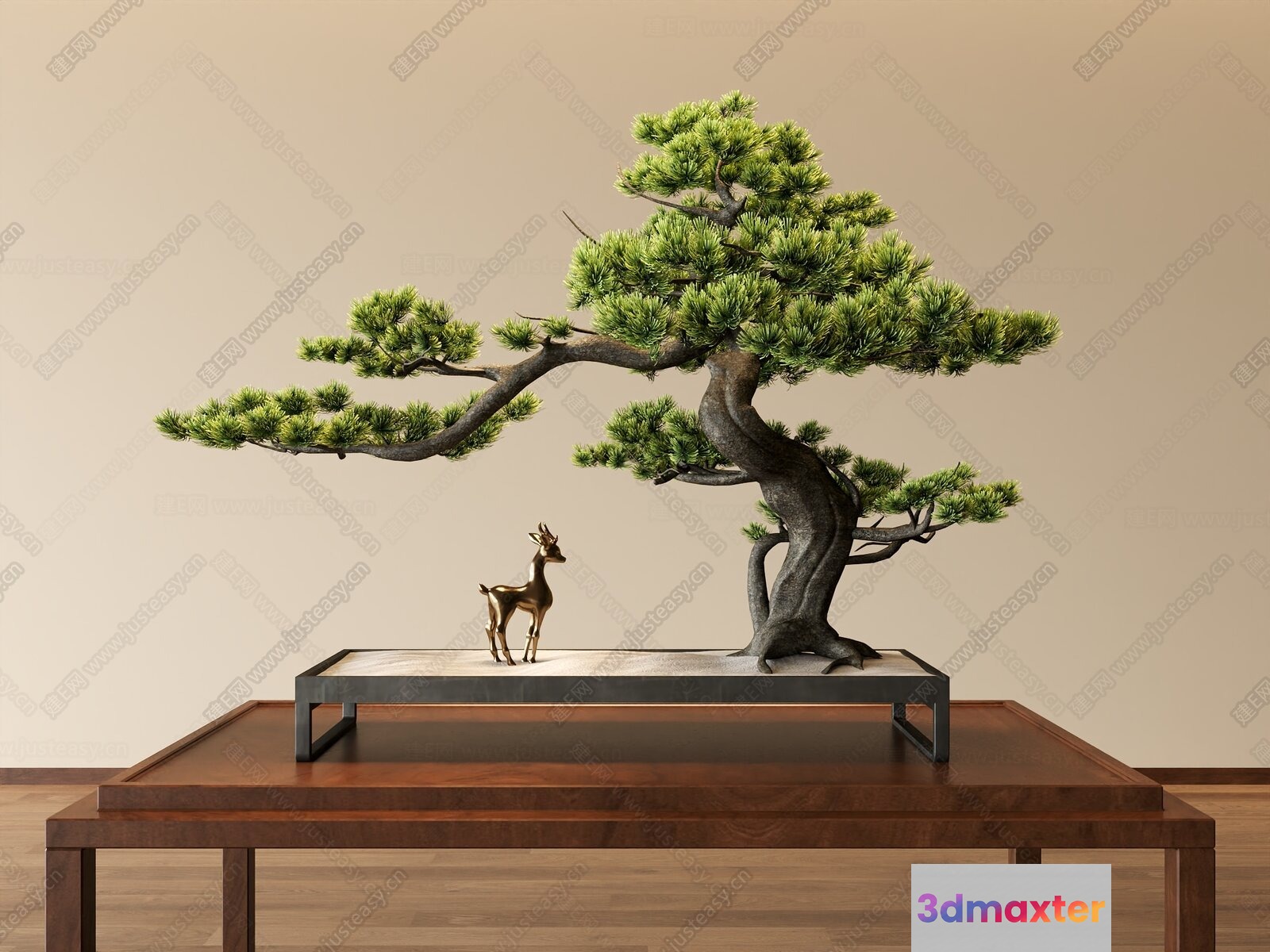 A Table With A Bonsai Tree And A Deer Figurine 3D Model - 22312 - CORONA Render