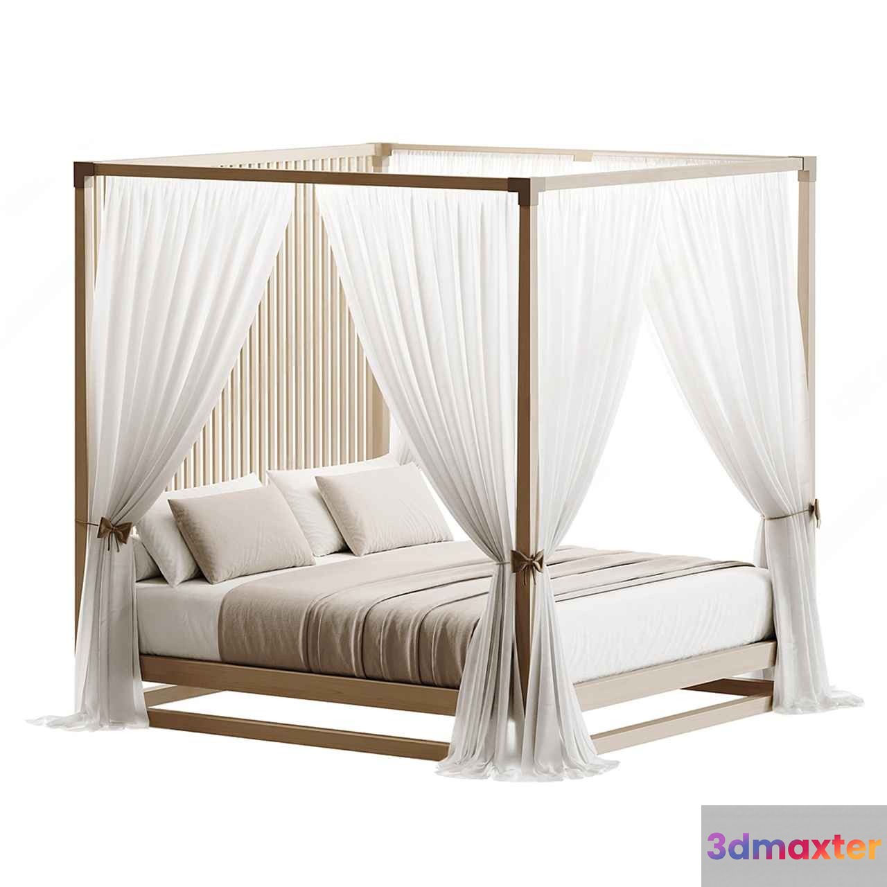 A Four-Poster Bed With White Curtains 3D Model - 6234 - CORONA Render