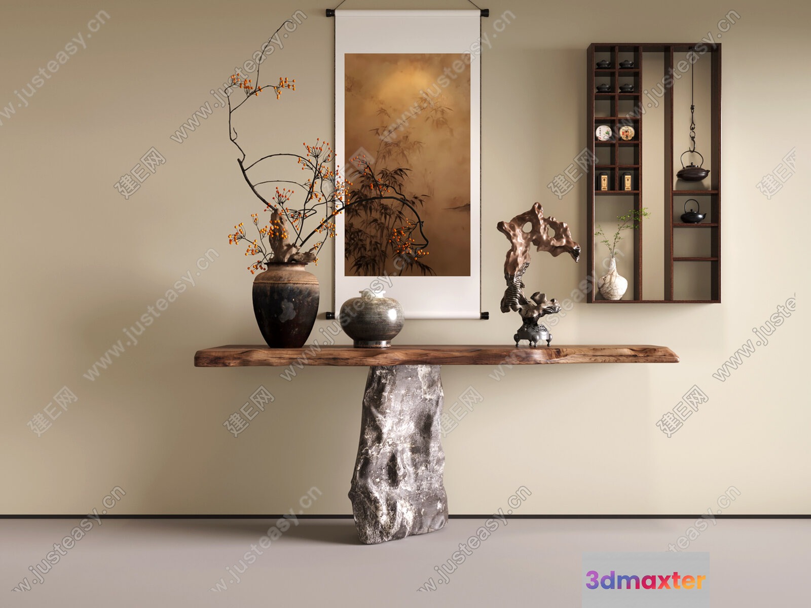 A Console Table With Asian-Inspired Decor 3D Model - 5090 - VRAY Render