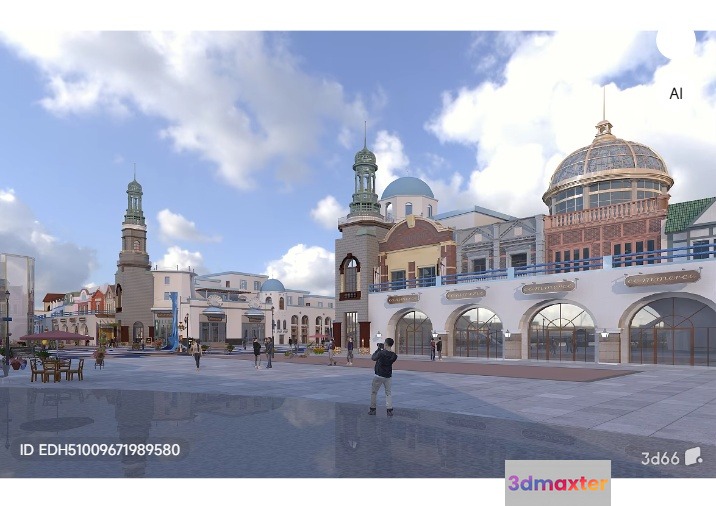 A 3D Rendering Of A Large Plaza With Buildings And A Blue Sky 3D Model - 6676 - VRAY Render