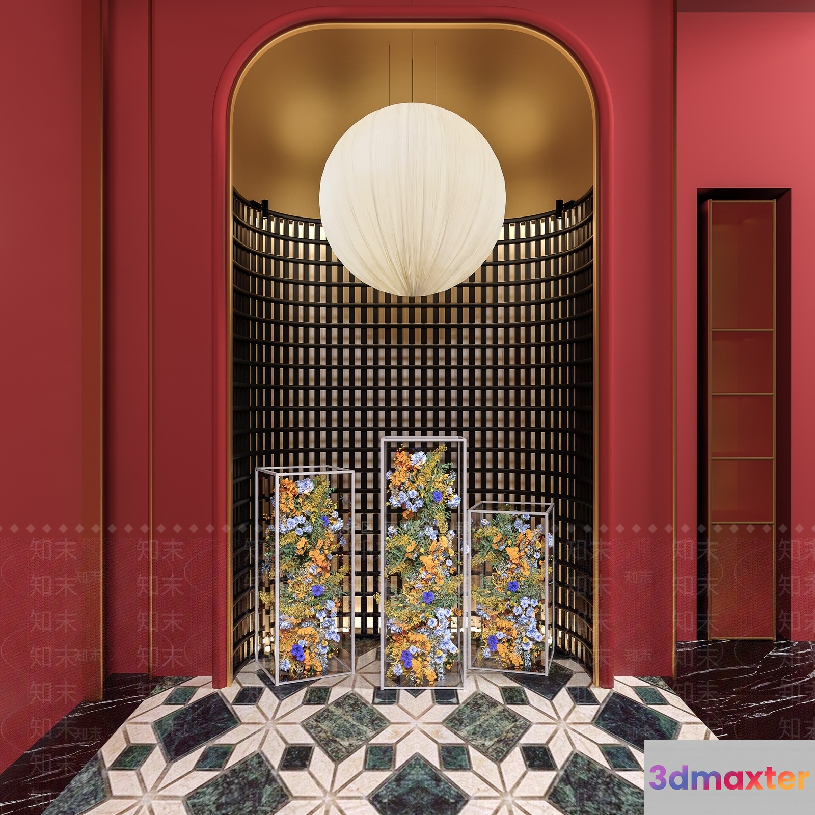 A Red Wall With A Doorway And A Large White Light Fixture 3D Model - 12753 - VRAY Render