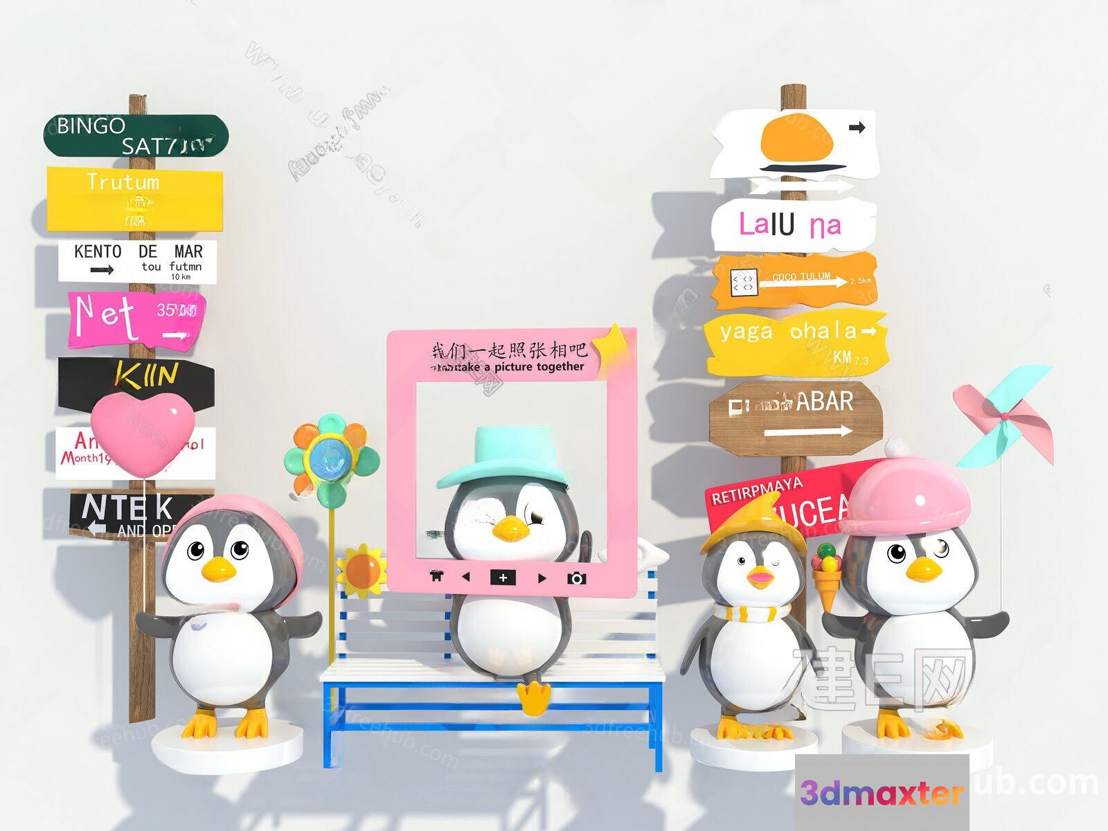 The Main Subject Is A Cartoon Penguin With A Sign 3D Model - 20785 - VRAY Render