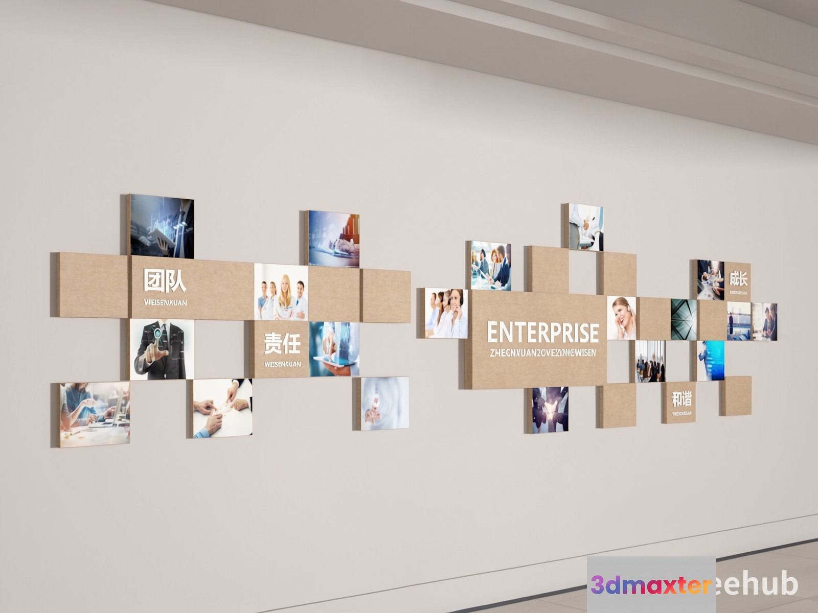 The Image Features A Wall With A Unique Arrangement Of Cards And Photos 3D Model - 20780 - VRAY Render