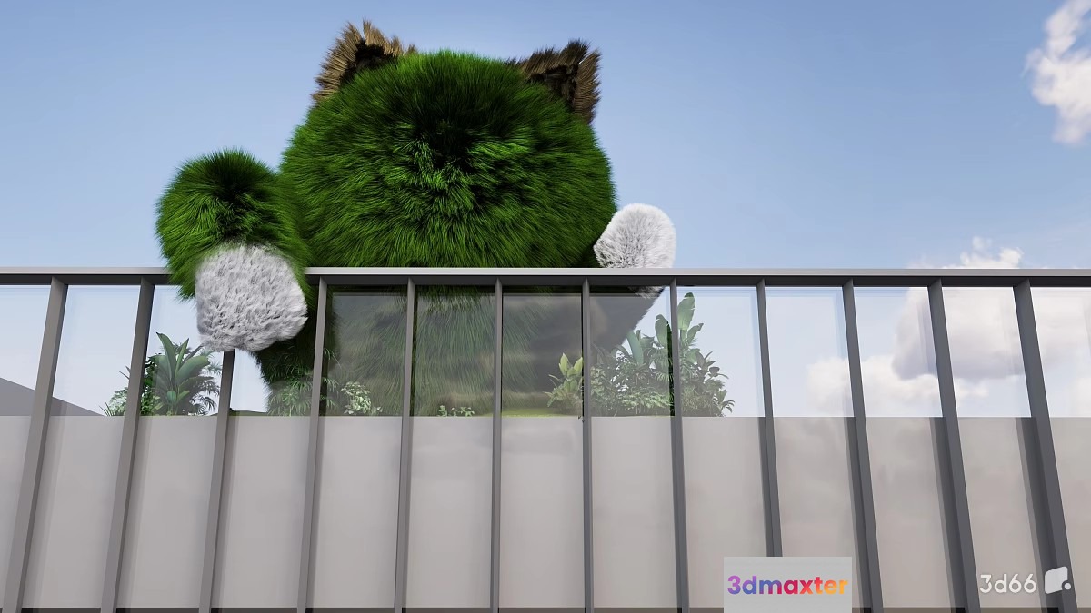 A 3D Rendering Of A Balcony With A Green Furry Creature Sitting On 3D Model - 20980 - VRAY Render