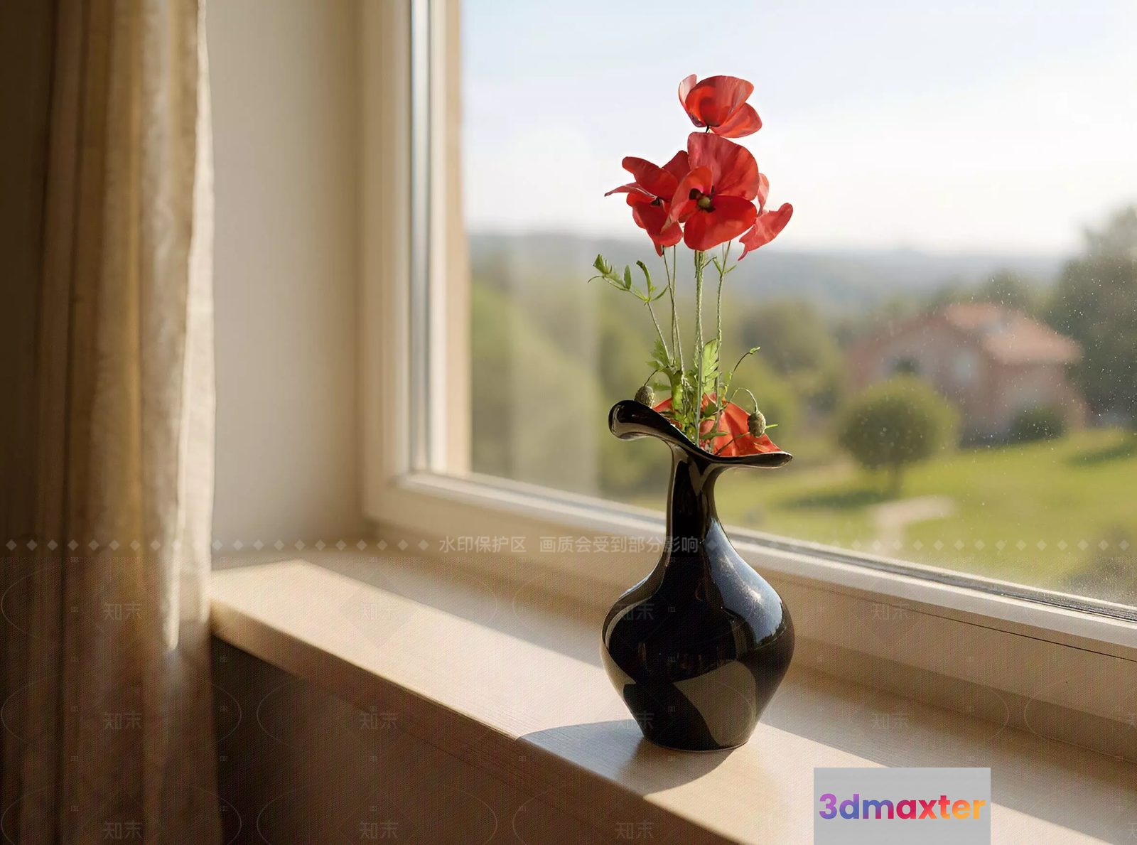 A Black Vase With Red Flowers 3D Model - 760 - VRAY Render