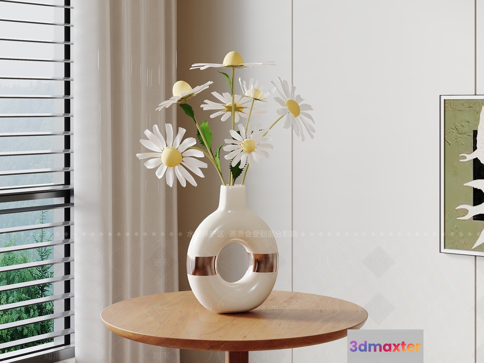 A White Vase With Daisies On A Table 3D Model - 602 - VRAY Render