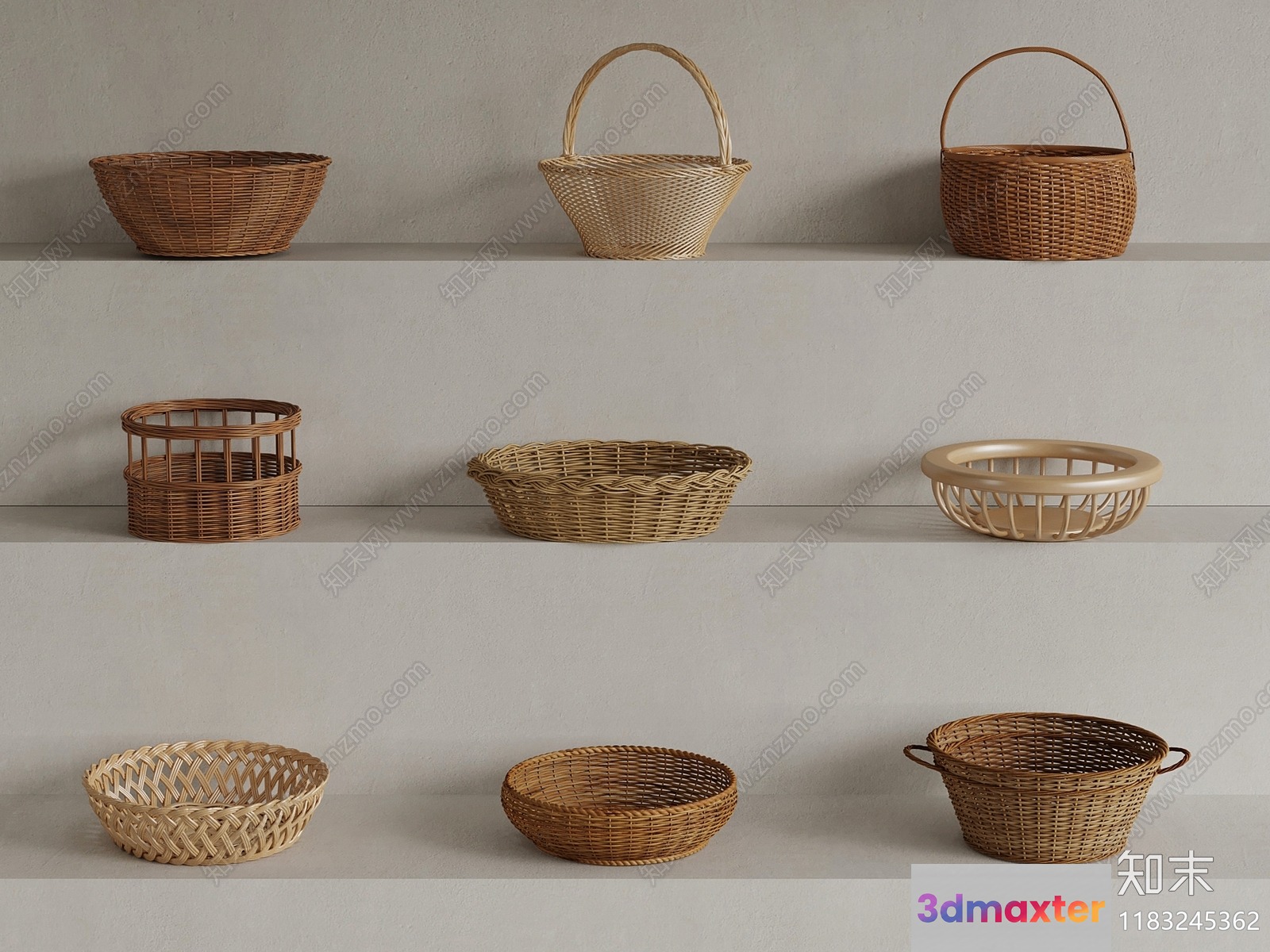 Wicker Baskets On Shelves 3D Model - 16766 - VRAY Render