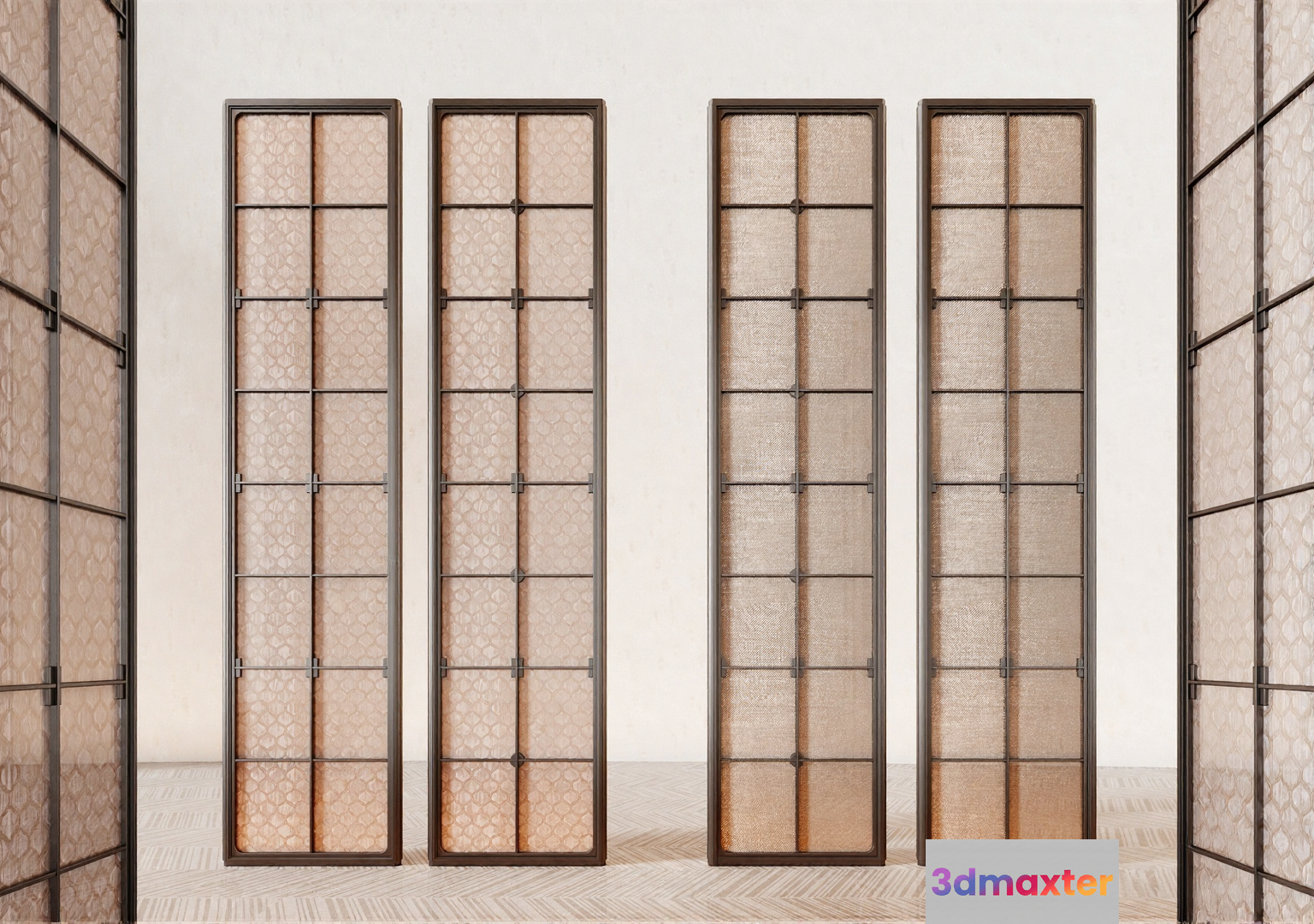 Four Tall Narrow Beige Metal-Framed Room Dividers 3D Model - 14757 - VRAY Render