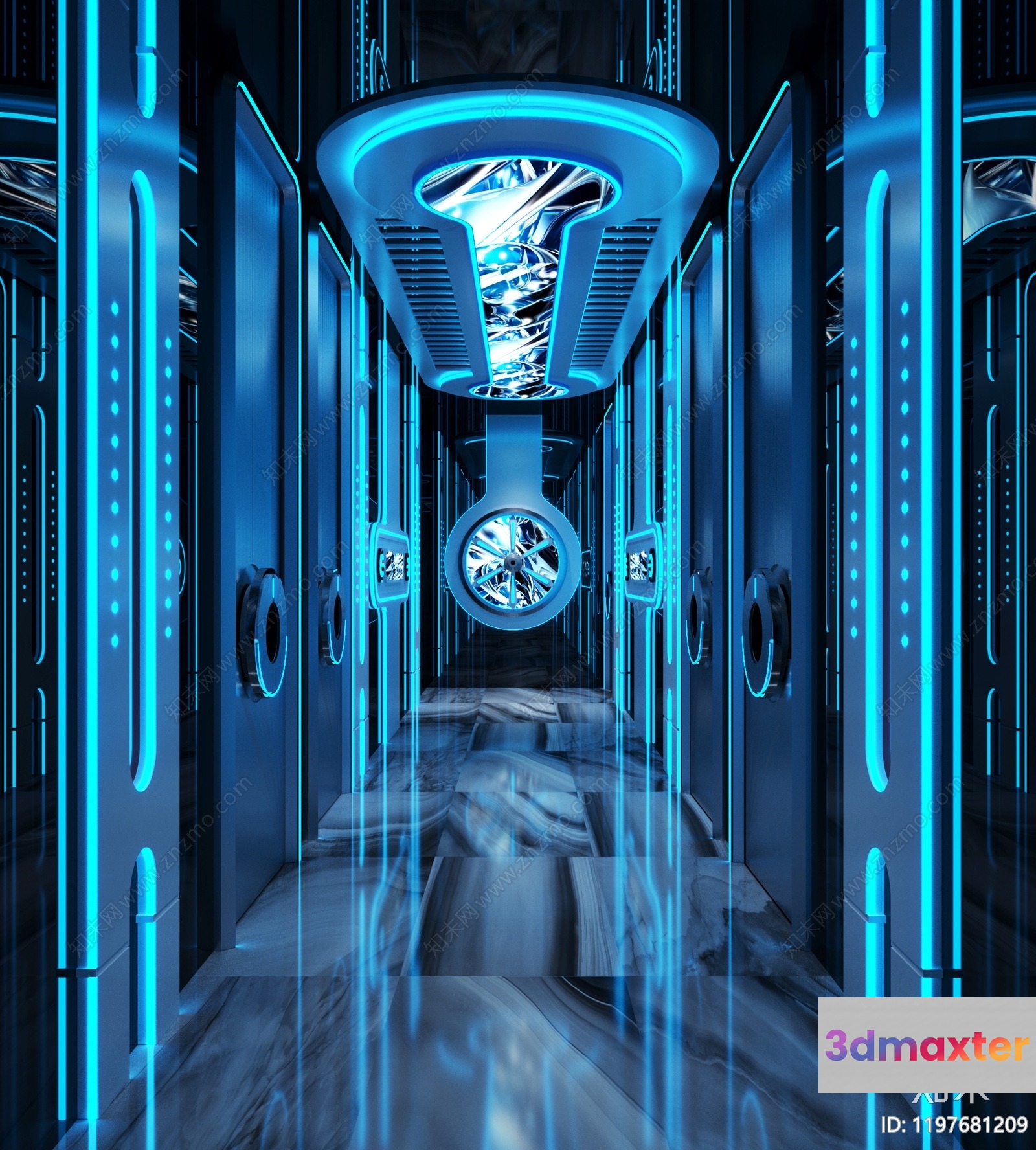 The Main Subject Is A Futuristic Hallway With A Blue And Silver Color Scheme 3D Model - 15099 - VRAY Render