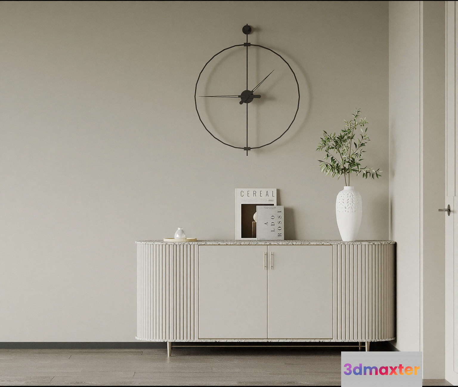 A Large White Sideboard With A Clock On The Wall 3D Model - 10531 - VRAY Render