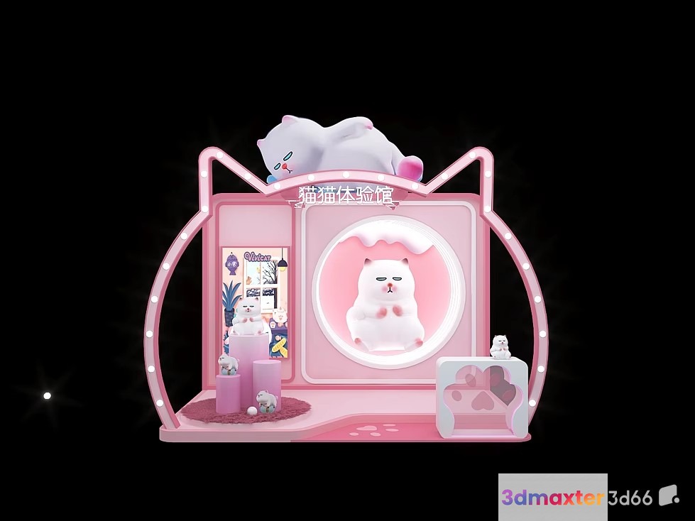 A Pink Cat-Themed Display With A White Cat Figurine On Top 3D Model - 20575 - VRAY Render
