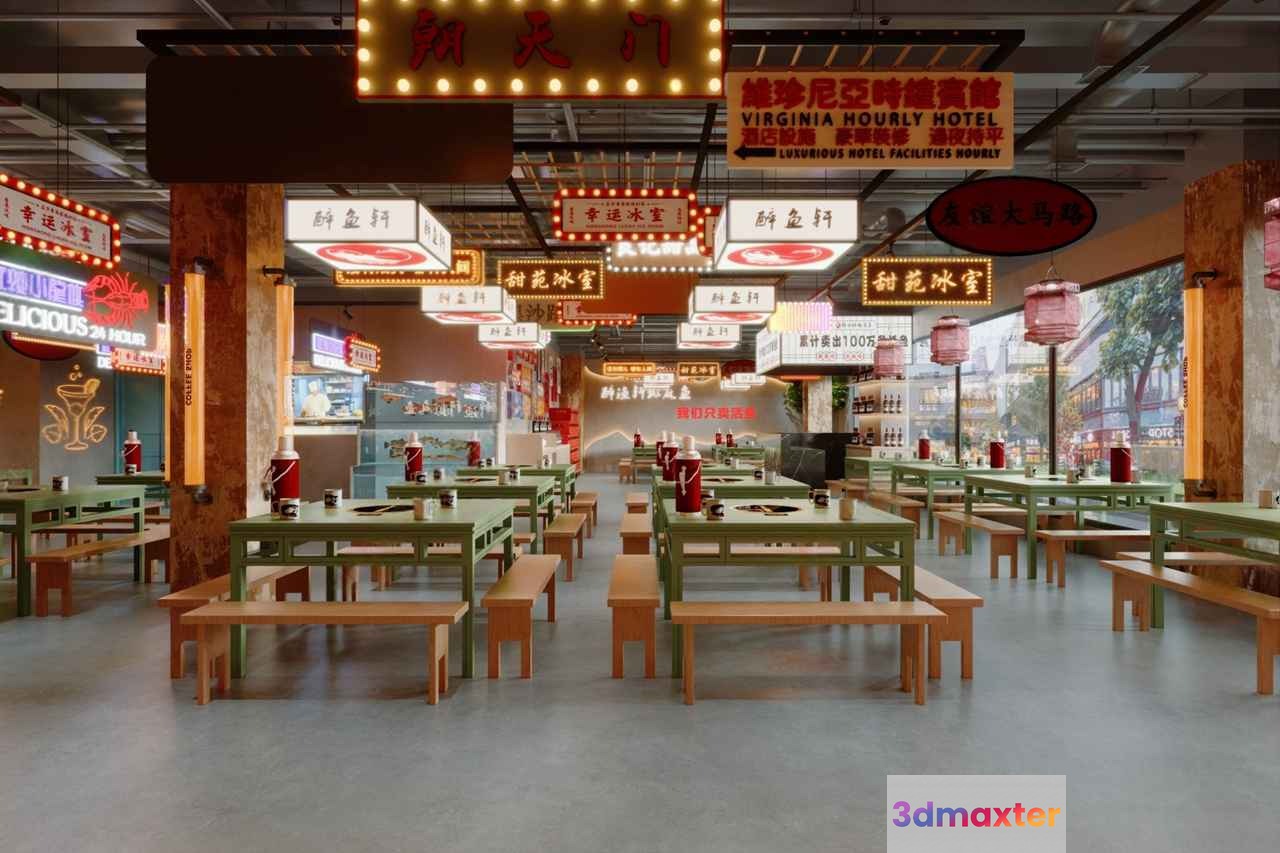 A Large Open Room With Tables And Benches 3D Model - 485 - CORONA Render