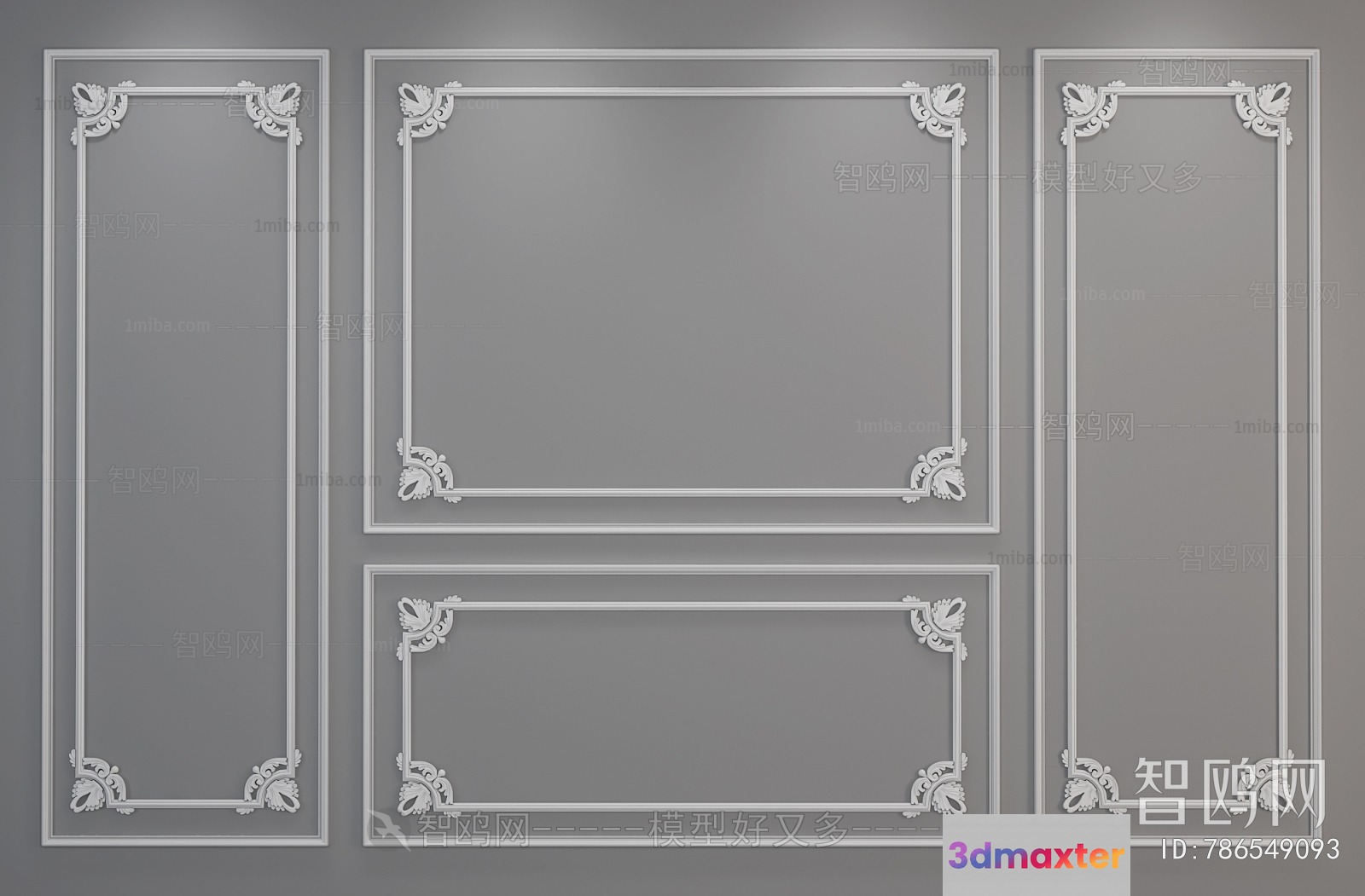 A Set Of Decorative Frames With A Gray Background And White Designs 3D Model - 16576 - VRAY Render