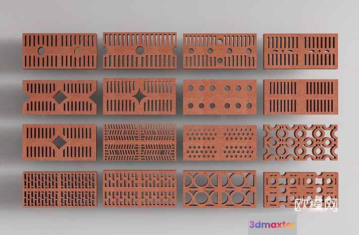 A Collection Of 16 Rectangular Clay Bricks With Various Patterns Arranged In Four 3D Model - 12181 - VRAY Render