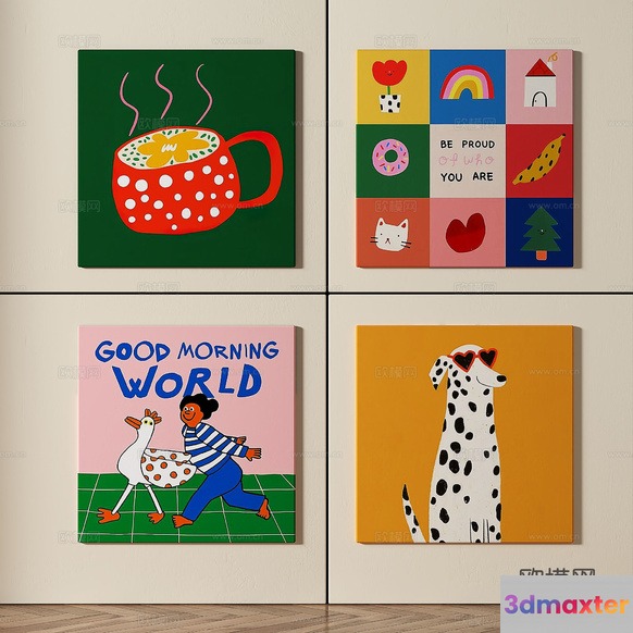 Four Colorful Paintings Of Various Subjects 3D Model - 4048 - VRAY Render
