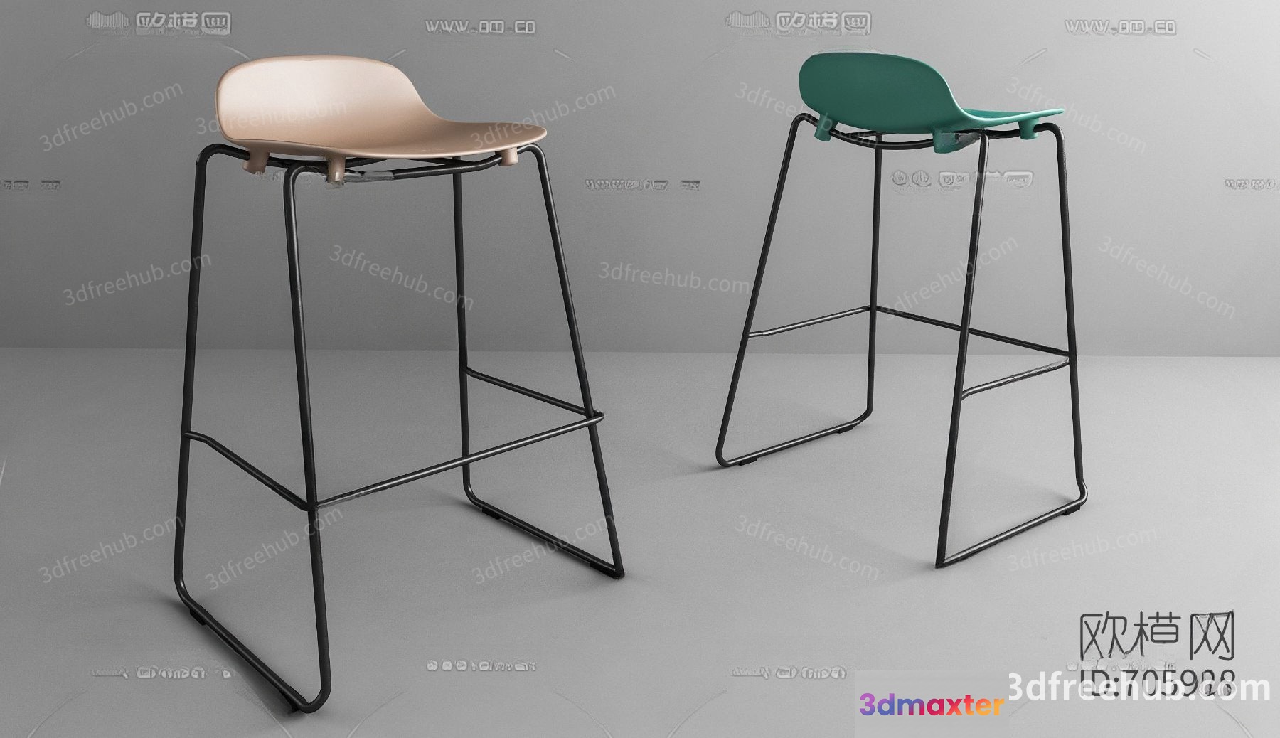 Two Bar Stools With Metal Legs 3D Model - 20485 - VRAY Render