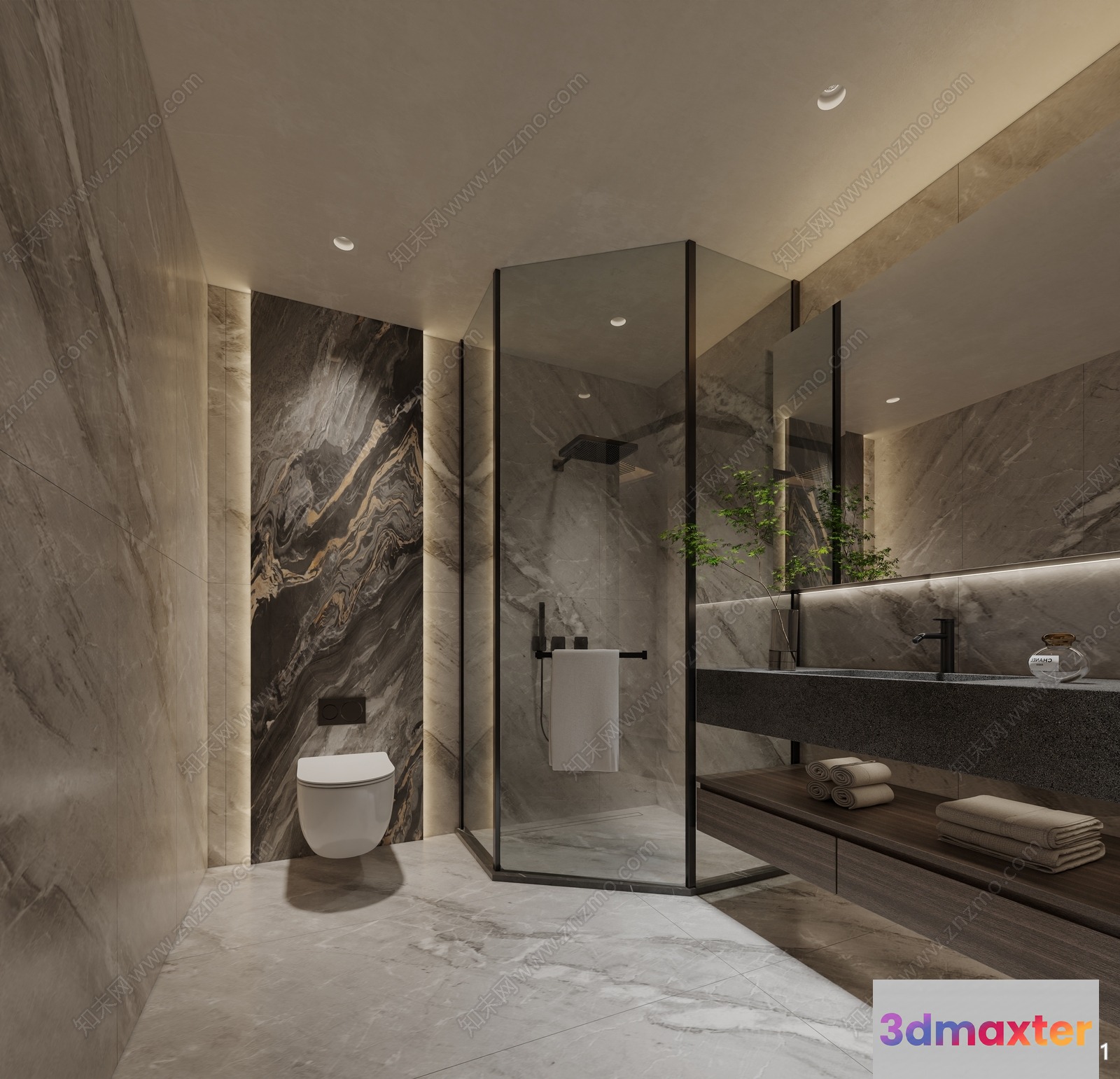 Modern Bathroom With A Glass Shower 3D Model - 17401 - VRAY Render