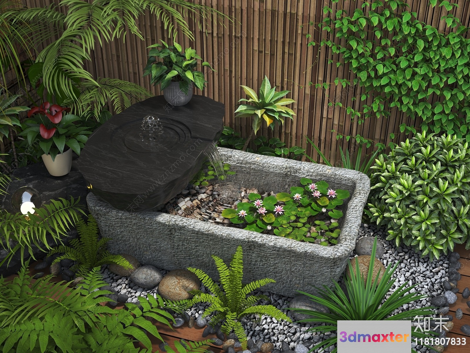 A Stone Water Feature With A Small Pond 3D Model - 13979 - VRAY Render