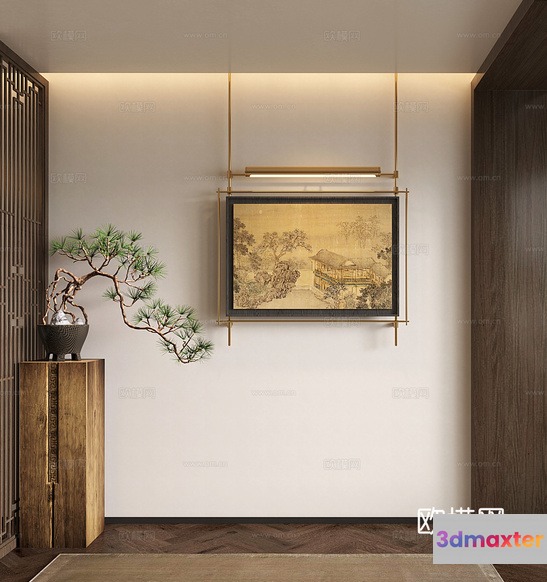 A Minimalist Asian-Inspired Room With A Hanging Painting Wooden Cabinet And P 3D Model - 10784 - VRAY Render