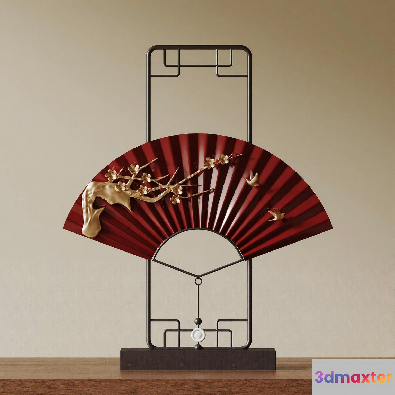 A Decorative Metal Sculpture With A Red Fan And Gold Accents 3D Model - 11694 - VRAY Render