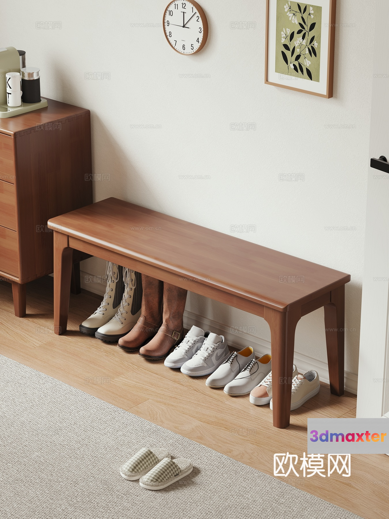 A Wooden Bench With Shoes Under It 3D Model - 15168 - VRAY Render