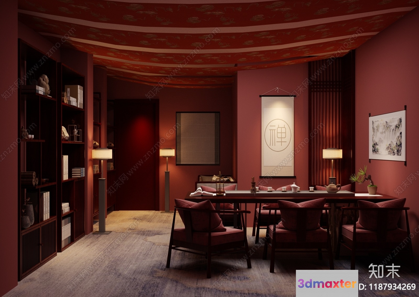 A Dimly Lit Dining Room With Red Walls And A Long Table 3D Model - 11002 - CORONA Render