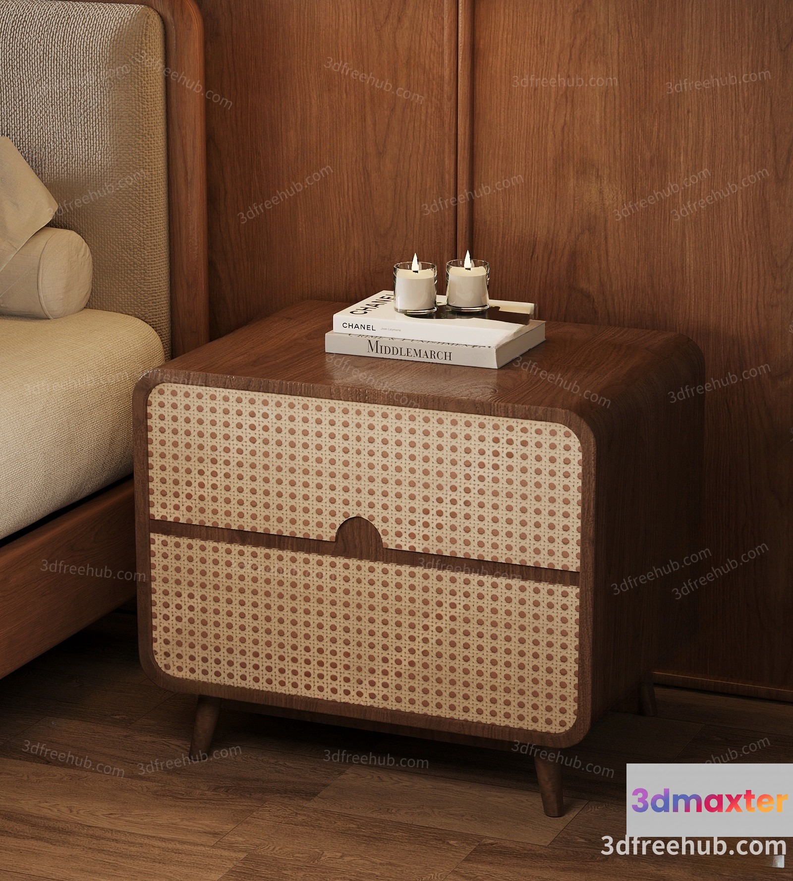 Retro-Style Wooden Nightstand With A Woven Drawer 3D Model - 22576 - VRAY Render