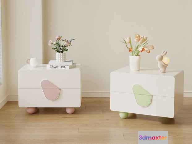 Two White Nightstands 3D Model - 7037 - VRAY Render