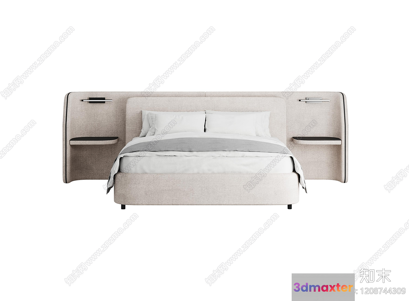 A Bed With A Beige Headboard And Matching Nightstands 3D Model - 22097 - VRAY Render
