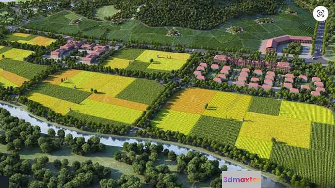 Aerial View Of A Farm With Fields And Buildings 3D Model - 13498 - VRAY Render