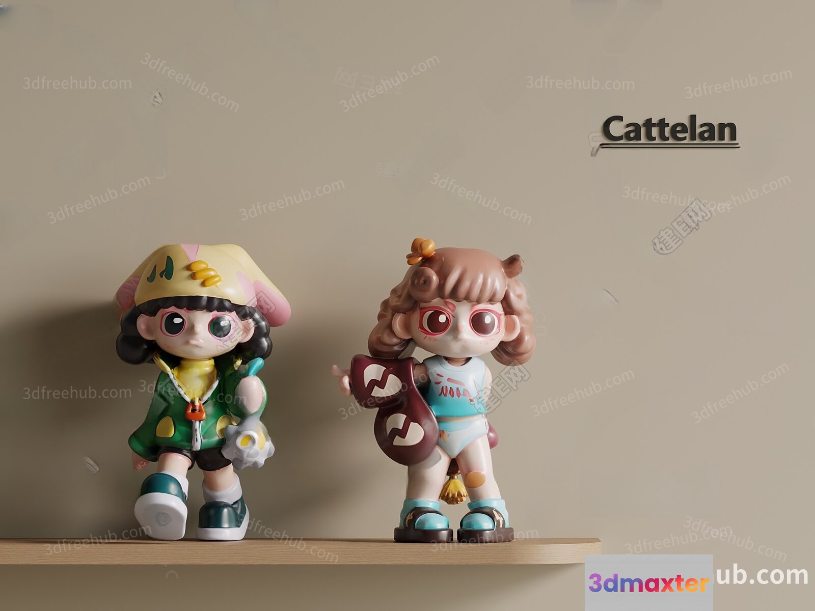 The Image Features Two Cartoon Dolls On A Shelf Showcasing Their Unique Styles And 3D Model - 19889 - VRAY Render
